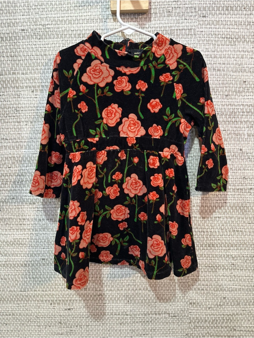 Mini Rodini Black Velvet Dress with Coral Roses Flawless preowned
